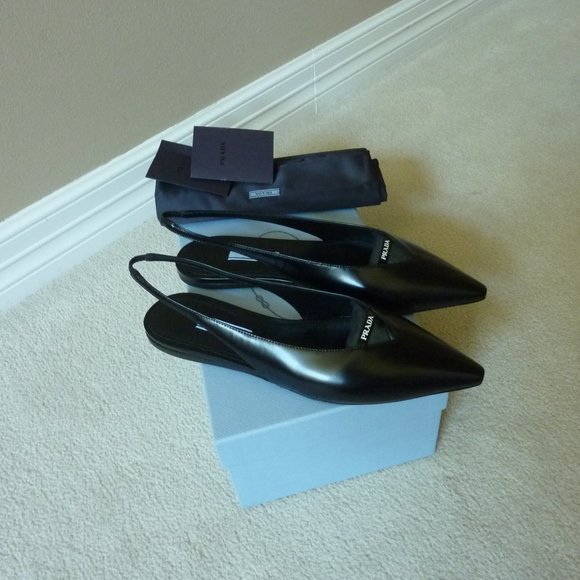 Prada Brushed Leather Slingback Logo Detail Flats - Picture 9 of 13